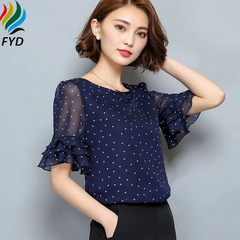 New 2017 Polka Dot Chiffon Women Blouses Shirts Short Sleeve Ruffles Summer Plus Size 3XL Woman Clothing Brand Tops |