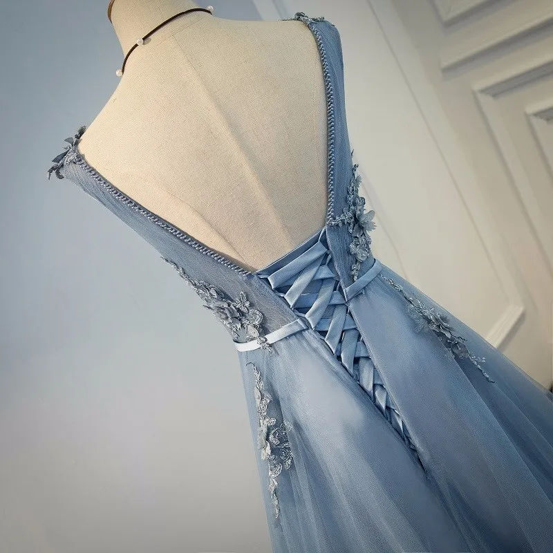 Elie Saab синие вечерние платья размера плюс Тюль Аппликации Длинные вечерние платья V образным вырезом на шнуровке Без Рукавов robe De Soiree