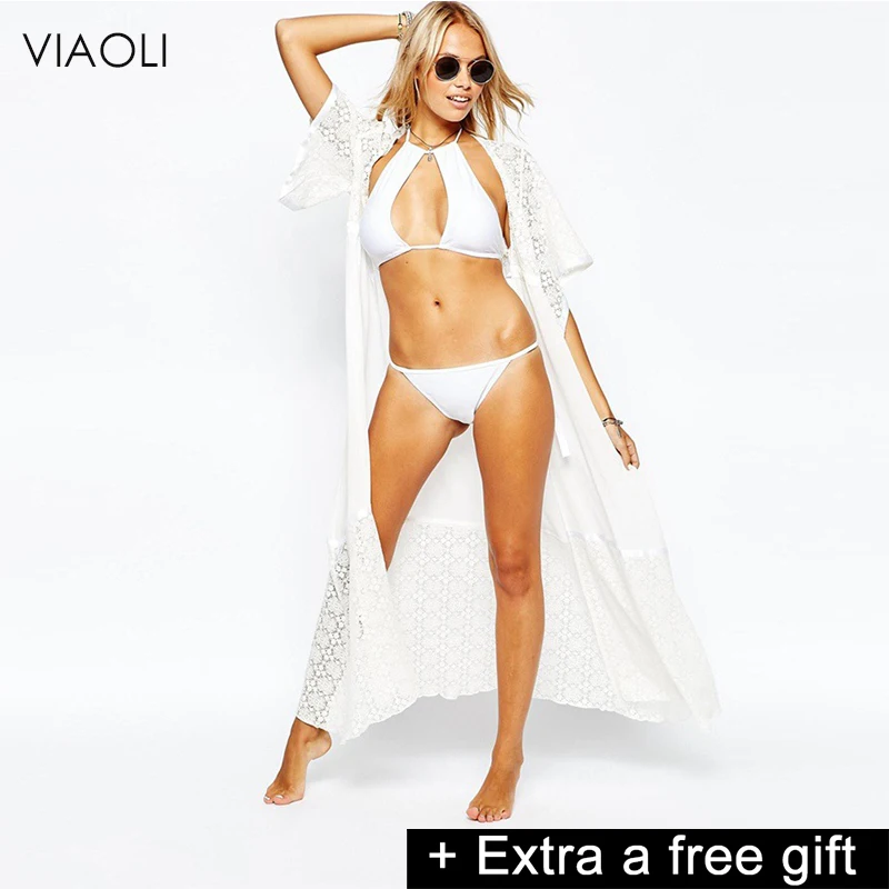 VIAOLI, новинка, Пляжный наряд, накидка, шифон, кружево, халат, Белый кафтан, платье, парео для женщин, Пляжная туника, саронг, накидка - Цвет: Белый