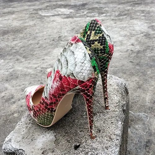 12cm Heels Veowalk/пикантные женские туфли-лодочки на высоком каблуке 12, 10, 8 см, с острым носком, без шнуровки, из змеиной кожи, зеленого и красного цвета обувь для вечеринок - Цвет: 12cm Heels