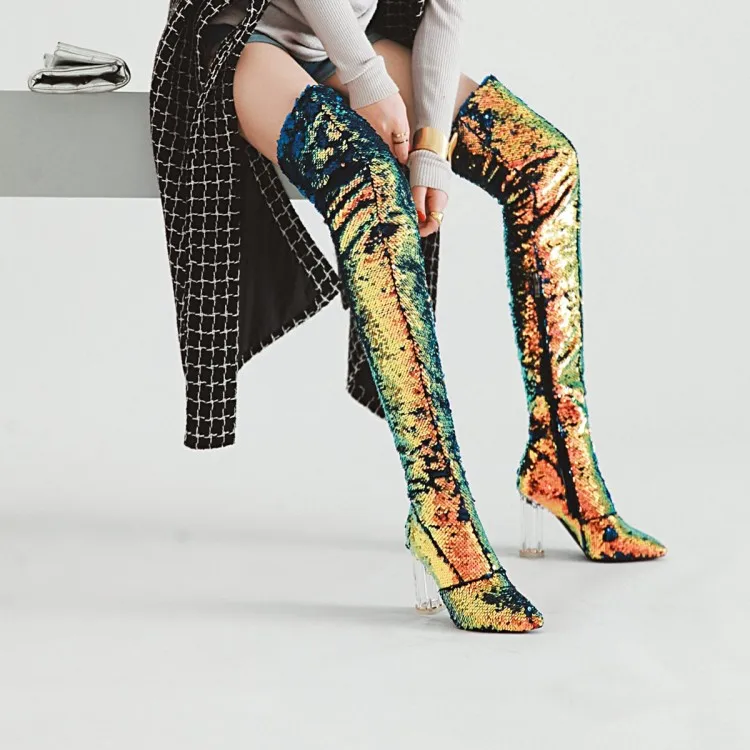 Женские блестящие Сапоги выше колена высокие сапоги до бедра с блестками и на