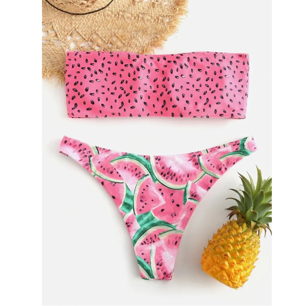 Cut Out Summer Beach Bather Swimwear Women Swimsuits Print Tube up Two Pieces Bikini Push-Up Swimsuit Stylish Swimwear Beachwear