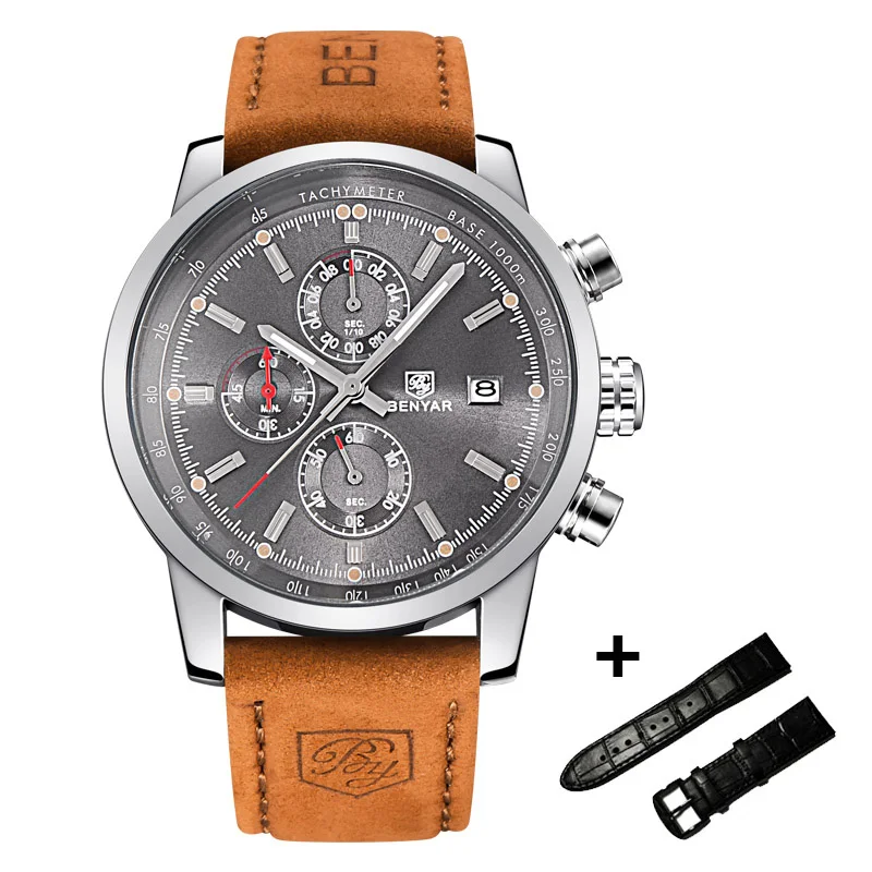 L Brown silver gray BENYAR часы мужские роскошные брендовые кварцевые часы модные часы с хронографом Reloj Hombre спортивные часы мужские часы Relogio Masculino - Цвет: L Brown silver gray