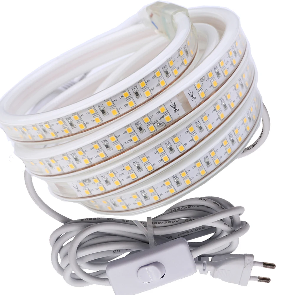 208Led/m светодиодные ленты AC220V, 2835SMD двухрядные белый/теплый белый водонепроницаемый светодиодный светильник+ 3M кабелем EU Мощность штепсельная вилка с вкл/выкл переключатель