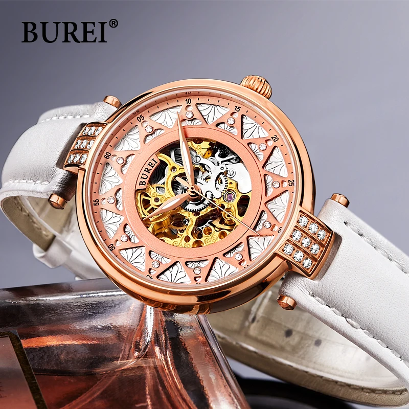 BUREI женской моды сапфир платье часы роскошные скелет из натуральной кожи
