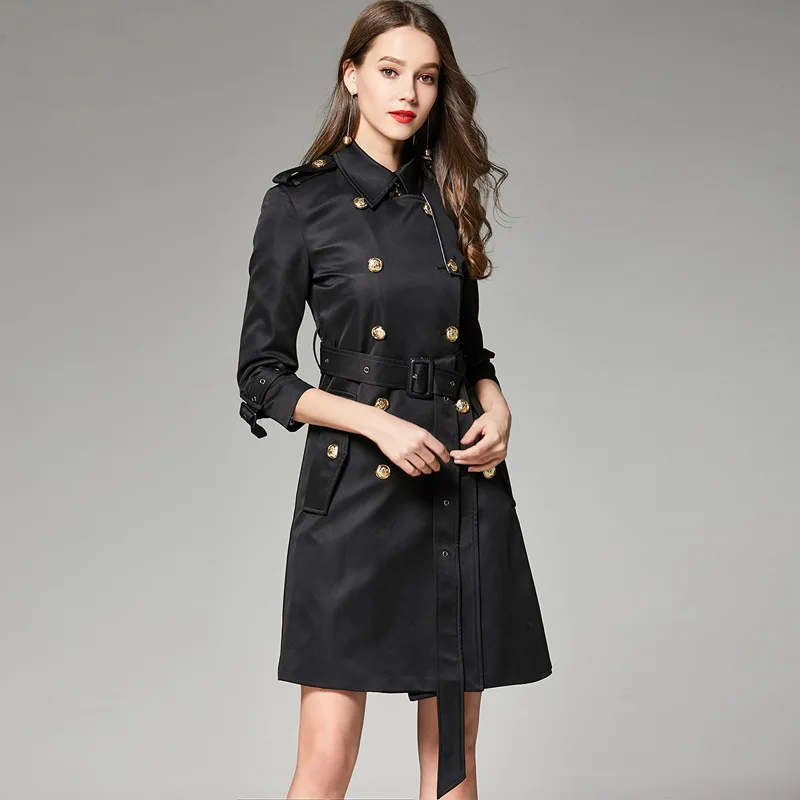 

Famous star style double breasted trench coat women black color classic slim design coats 2019 autumn winter