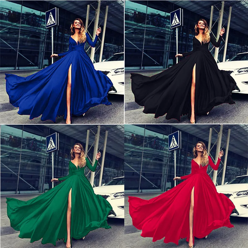 Женское длинное платье с глубоким V-образным вырезом и длинным рукавом | Женская