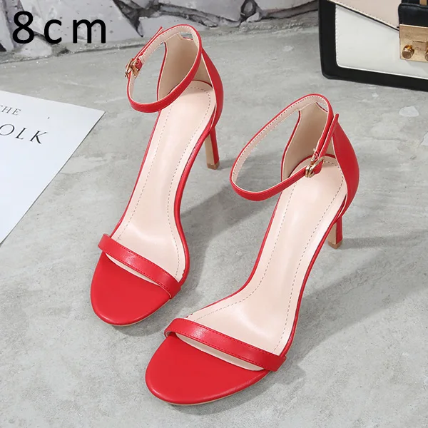 Red Sandals 8cm Брендовые женские босоножки; летние туфли на высоком каблуке; кожаные туфли с открытым носком и пряжкой на ремешке; женская обувь для вечеринок; Цвет Черный; Sandalia Mujer; Новое поступление - Цвет: Red Sandals 8cm