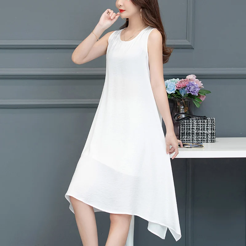

Summer new women's dress woman irregular round neck chiffon dress sleeveless vest solid color