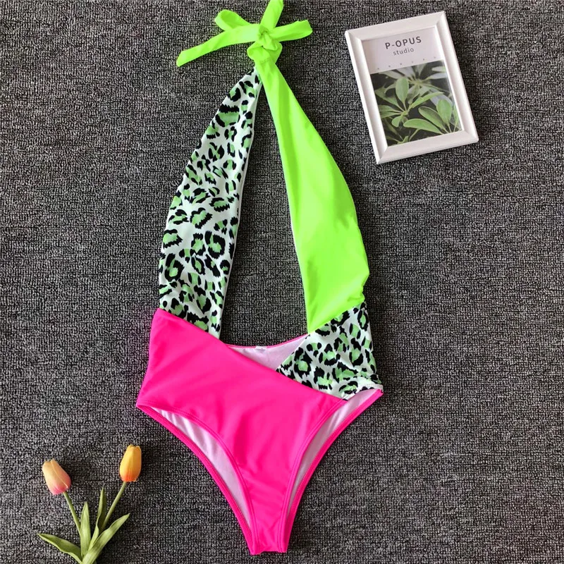 Леопардовый стиль пэчворк 2019 Цельный купальник сексуальный с лямкой на шее