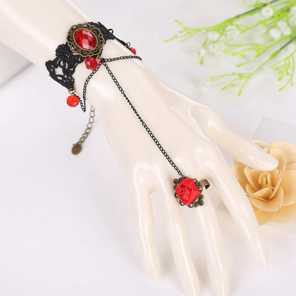 Lace Female Bracelet with Ring Red Diamond Halloween Vampire Accessories Suitable for all kinds of wear | Украшения и аксессуары