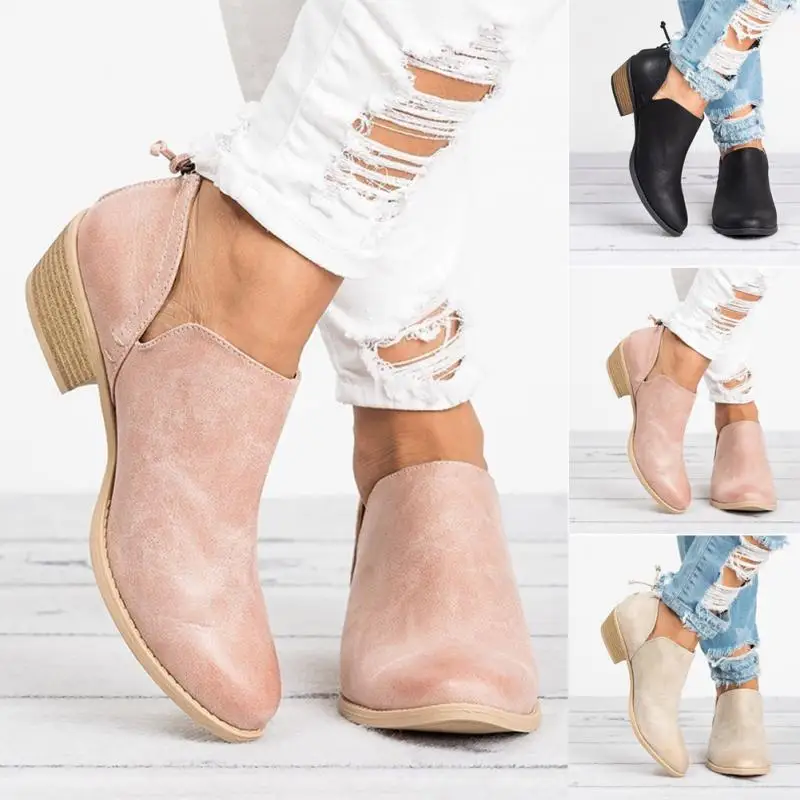 Классические Осенние ботинки женские повседневные на среднем каблуке с острым