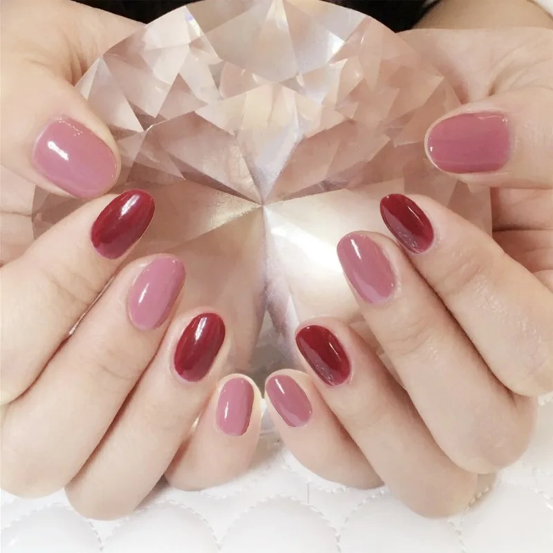 Красный розовый прыжки круглые поддельные ногти с дизайном Готовые накладные