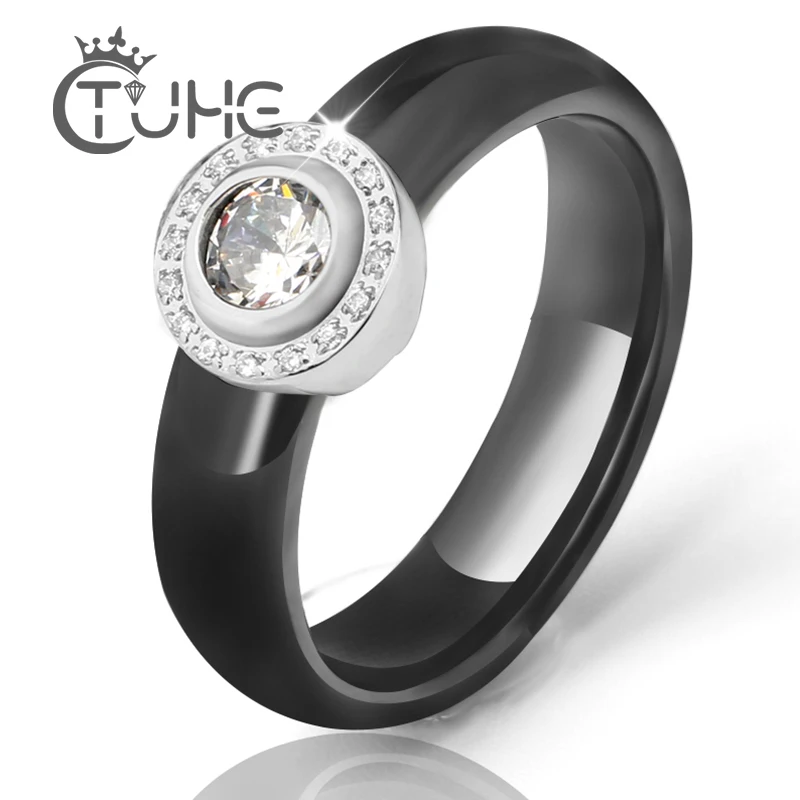 Женское кольцо из керамики белое обручальное с большим кристаллом 6 мм|crystal wedding