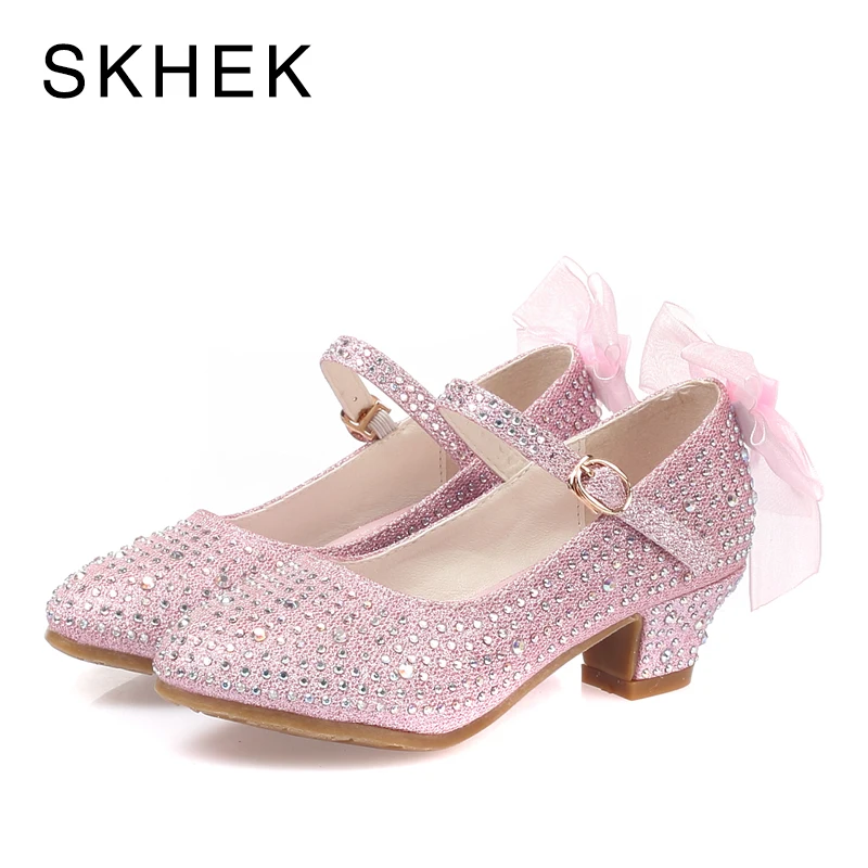 pink SKHEK/детская обувь для девочек; сандалии для детей с блестками и бабочкой; детская обувь на низком каблуке; праздничные сандалии для девочек; обувь на высоком каблуке - Цвет: pink