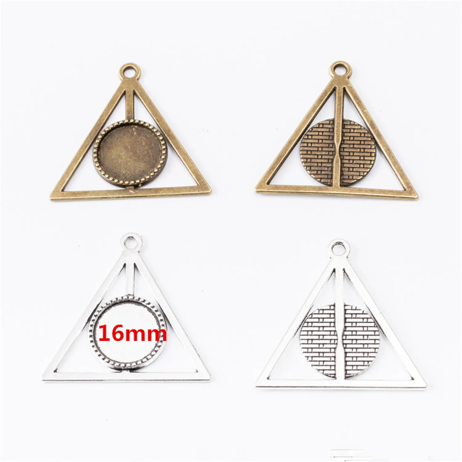 

New 5pcs/lot Inner size 16mm Antique Silver and Bronze Plated Hallows Deathly Style Cabochon Base Cameo Setting Charms Pendant