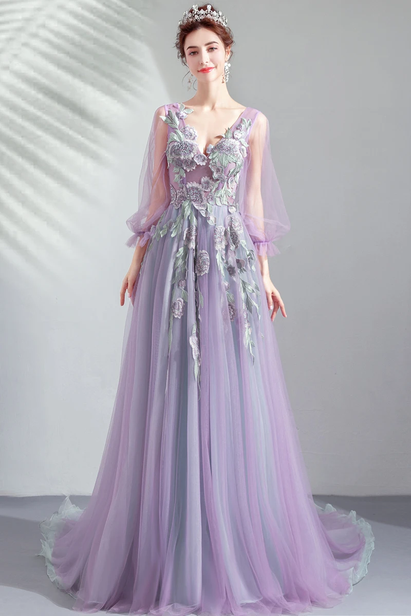 Женское вечернее платье со шлейфом SSYFashion элегантное фиолетовое длинное с