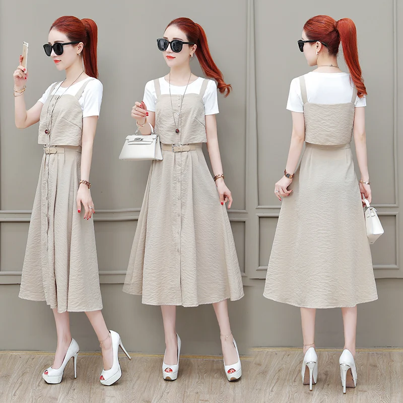 2018 летний женский костюм джинсовое платье-джемпер белая футболка с короткими