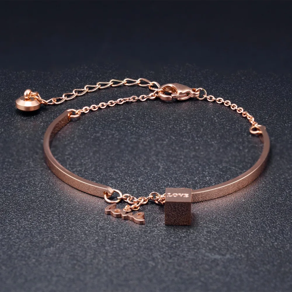 Fashion Stainless Steel Chain Bangles Bracelets For Women Love Letter &amp Cube Rose Gold Color Extended Charm Jewelry | Украшения и