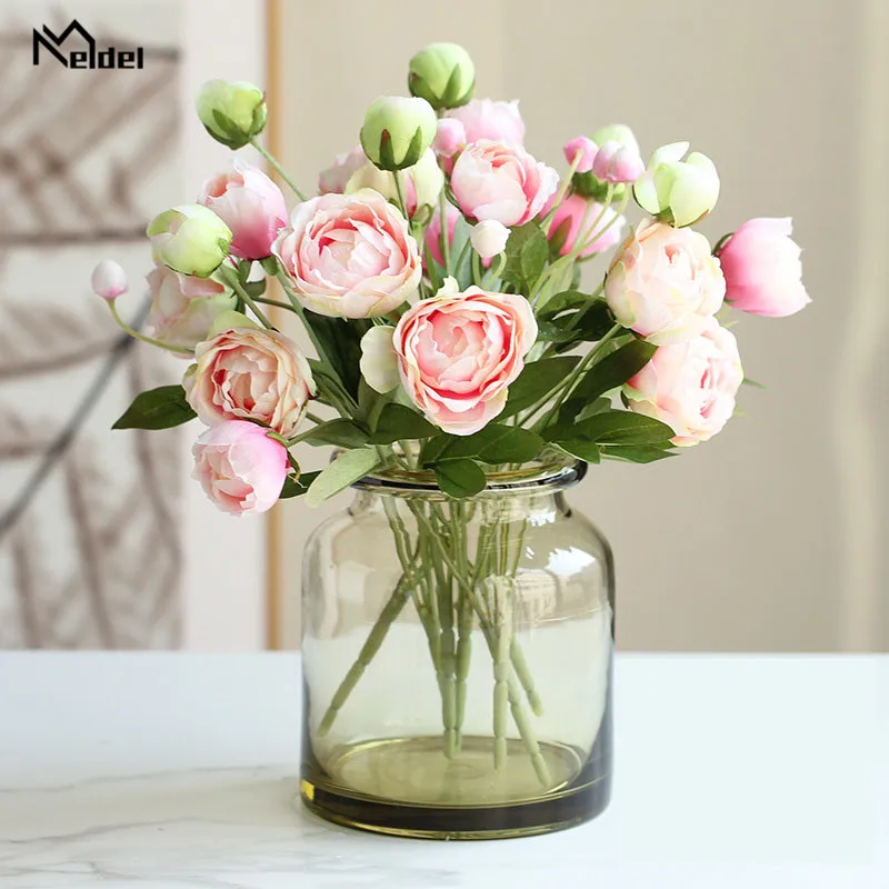 

Meldel Peonies Artificial Flowers 4 Heads Fake Flowers Silk Peonies Bouquet White Pink Wedding Home Decoration Peony Rose Flower