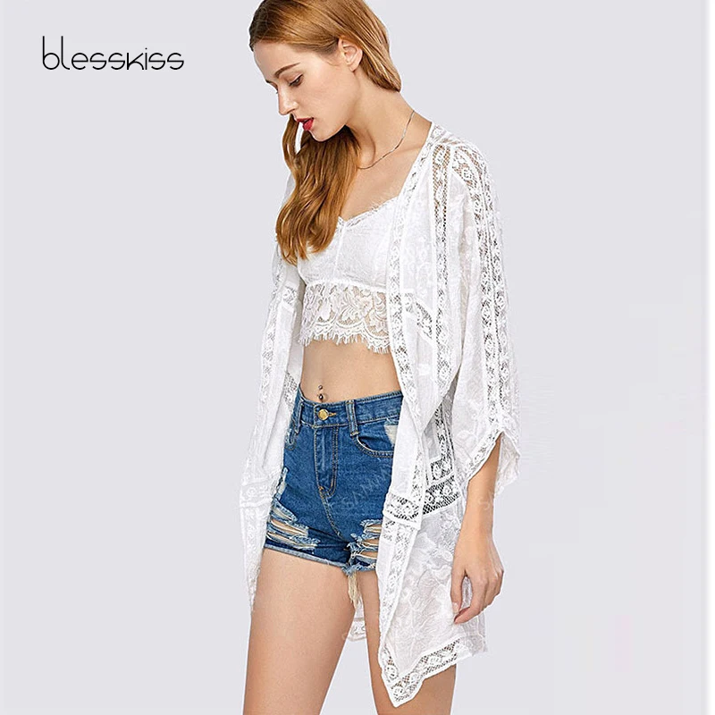 

BLESSKISS 2018 Summer Crochet Pareo Beach Cover Up Swimsuits Swimwear Bikini Cover Up Beach Dress White Lace Tunic Beachwear