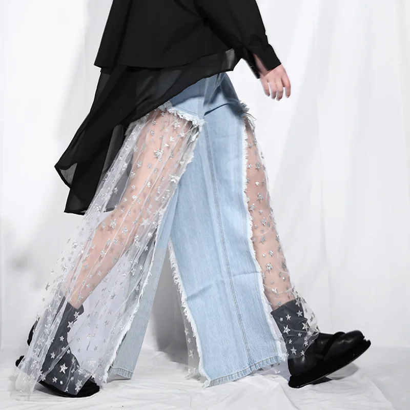 Europe and the United States perspective stars mesh stitching jeans 2019 spring summer new side open wide leg pants tide | Женская