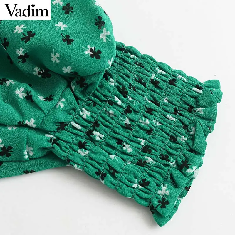Vadim women floral print chiffon green dress V neck gathered long sleeve female casual dresses elegant summer vestidos QC009 | Женская