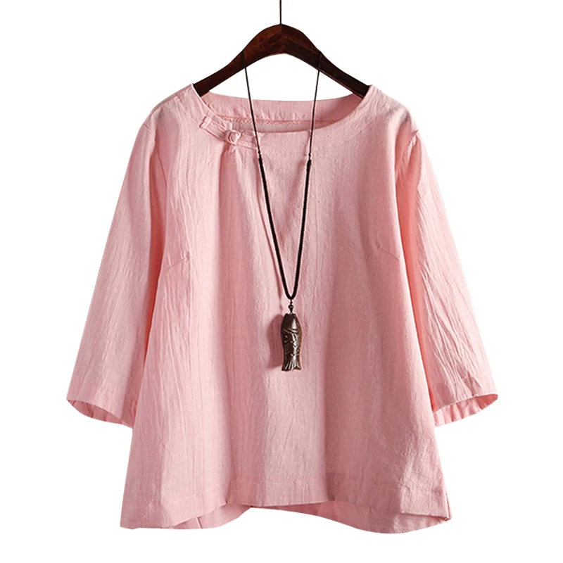 Розовый ZANZEA, женская рубашка, блузка, Ретро стиль, на одной пуговице, Blusas, для девушек, повседневная, хлопок, туника, топы, для работы, офиса, рубашки, женская одежда размера плюс - Цвет: Розовый