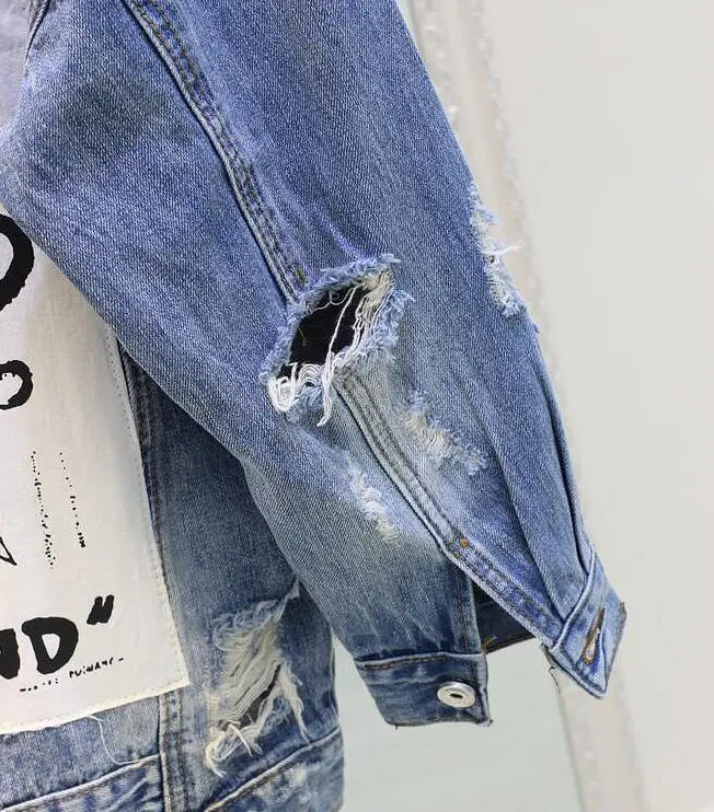 

2019 New Fashion Spring and Autumn Women's Letter Patched Hole Denim Coat Student Female Long Sleeve Loose Outwear Jeans Jacket