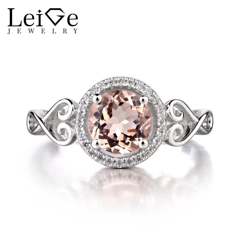 

Leige Jewelry Natural Morganite 925 Sterling Silver Ring Round Cut Fine Pink Gemstone Promise Engagement Rings for Women