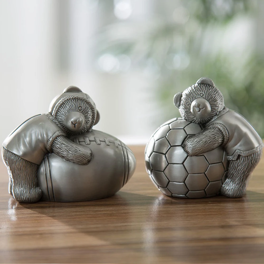 

Alloy Metal Bear with Football Money retro Box Piggy Bank Coin Saving Pot soccer rugby fans gifts