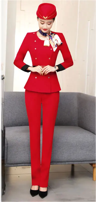 red coat and pant IZICFLY, стиль, красная стюардесса, одежда для официанта, женский брючный костюм, отель, прием, спа, ресторан, униформа официантки для работы - Цвет: red coat and pant