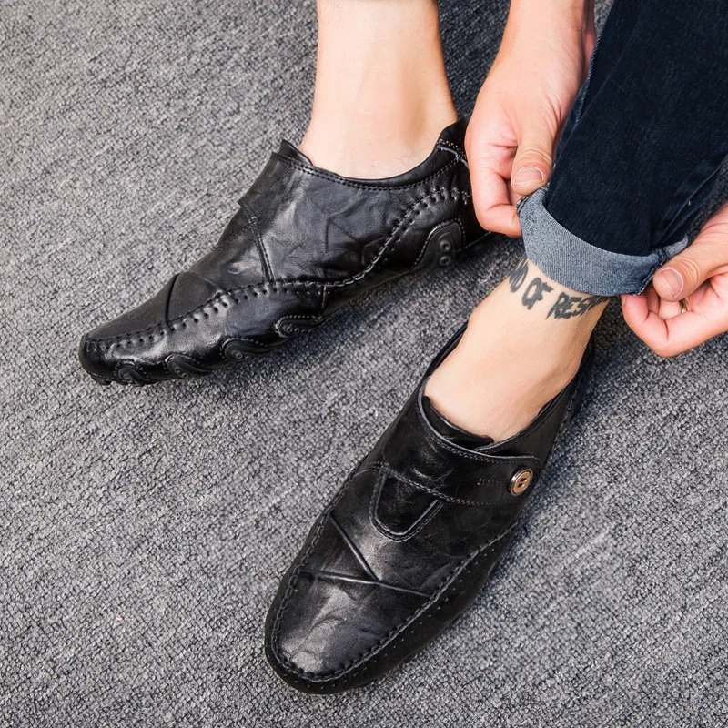 Handmade Genuine Leather Men's Flats Casual Luxury Brand Men Loafers Comfortable Soft Driving Shoes Slip On Moccasins | Обувь