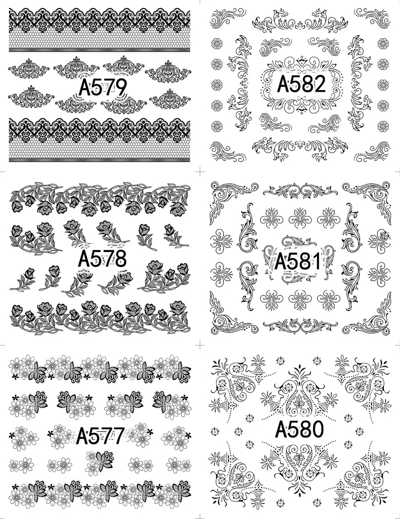12 листов модные черные кружевные линии с цветочным рисунком водные переводные