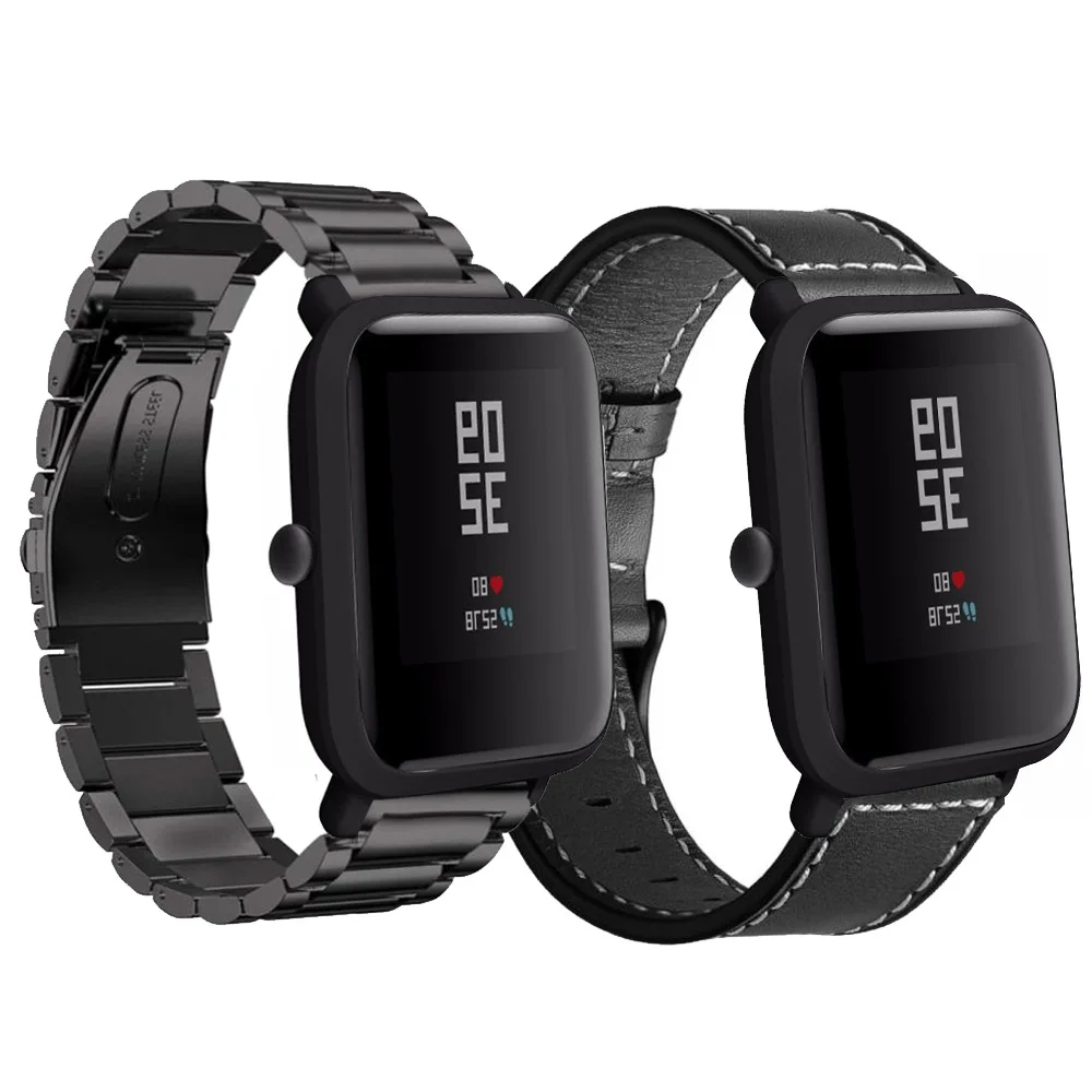 2 2в1 для Huami Amazfit Bip умный браслет из нержавеющей стали+ кожаный ремешок для Xiaomi Amazfit Bip Молодежные часы - Цвет: 2
