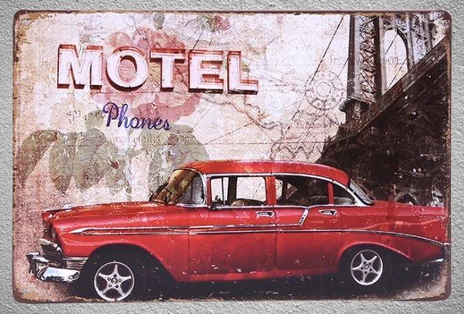 

1 pc Antique car impala Cuba Motel phone booth Tin Plate Sign wall plaques man cave Decoration Dropshipping metal Poster