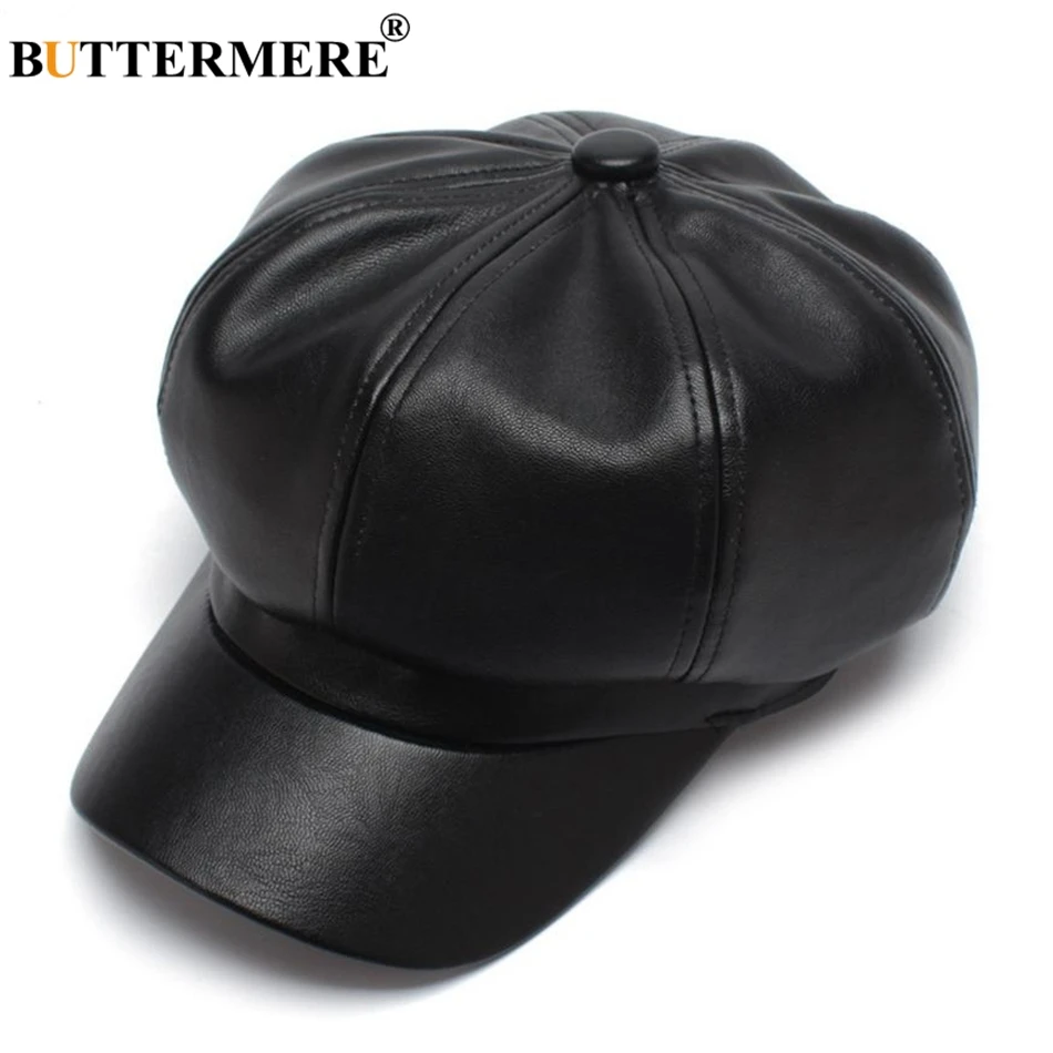 BUTTERMERE, женская кожаная кепка Newsboy, черная, из искусственной кожи, женская, Корейская, восьмиугольная кепка, весенняя, зимняя, повседневная, берет, женская, плоская шапка