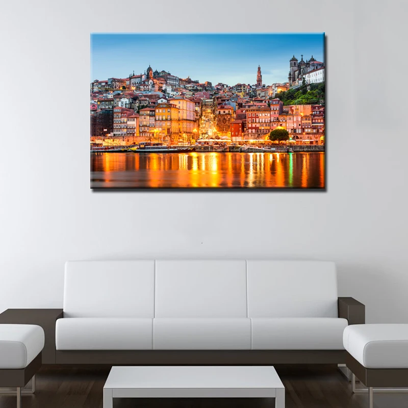Настенный художественный декор комнаты плакат 1 шт. Douro река Порто Португалия Ночная живопись городского пейзажа HD печатная рамка модульная Картина на холсте