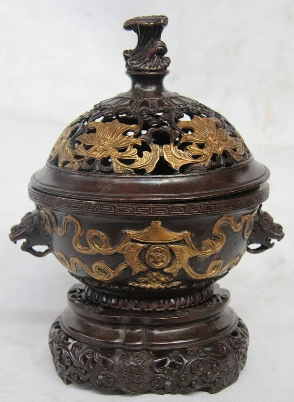 Elegant old S1312 China Old Bronze Copper Carved Eight treasures Dragon Head Incense Burner Censer statue | Дом и сад