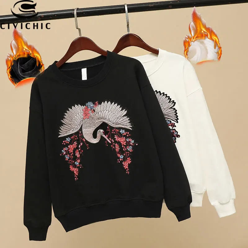 

CIVICHIC Chinese Style Lady Embroidery T-shirt Red Crowned Crane Cotton Tees O Neck Thick Tops Wear Ethnic Floral Pullover WLT25