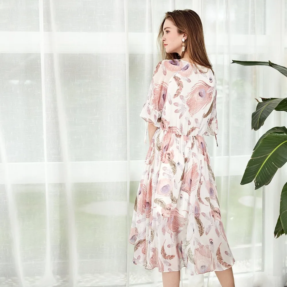 Женское шифоновое платье ARTKA розовое длинное праздничное с принтом Павлин