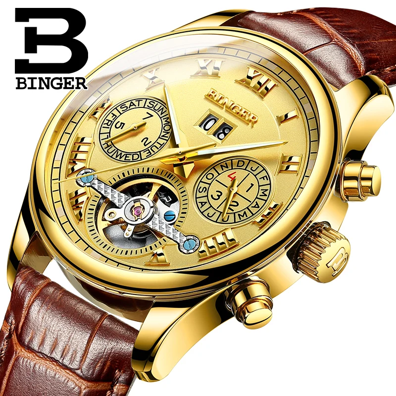 Роскошные золотые мужские часы Tourbillon водонепроницаемые механические наручные