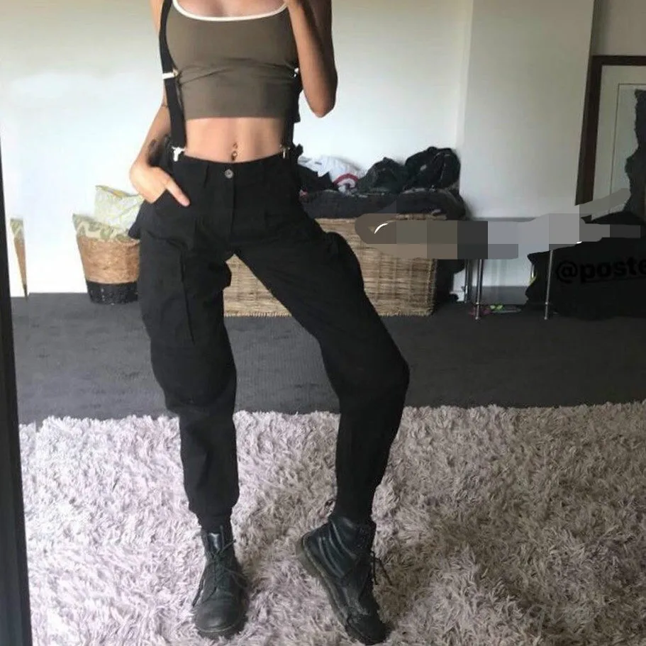 Женские черные повседневные штаны с высокой талией регулируемые брюки карго