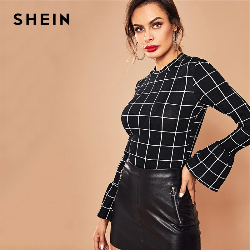 SHEIN Блуза В Клетку С Рукавом-Колоколом Женская Демисезонная Классическая Блузка С Длинными Рукавами И Оборками