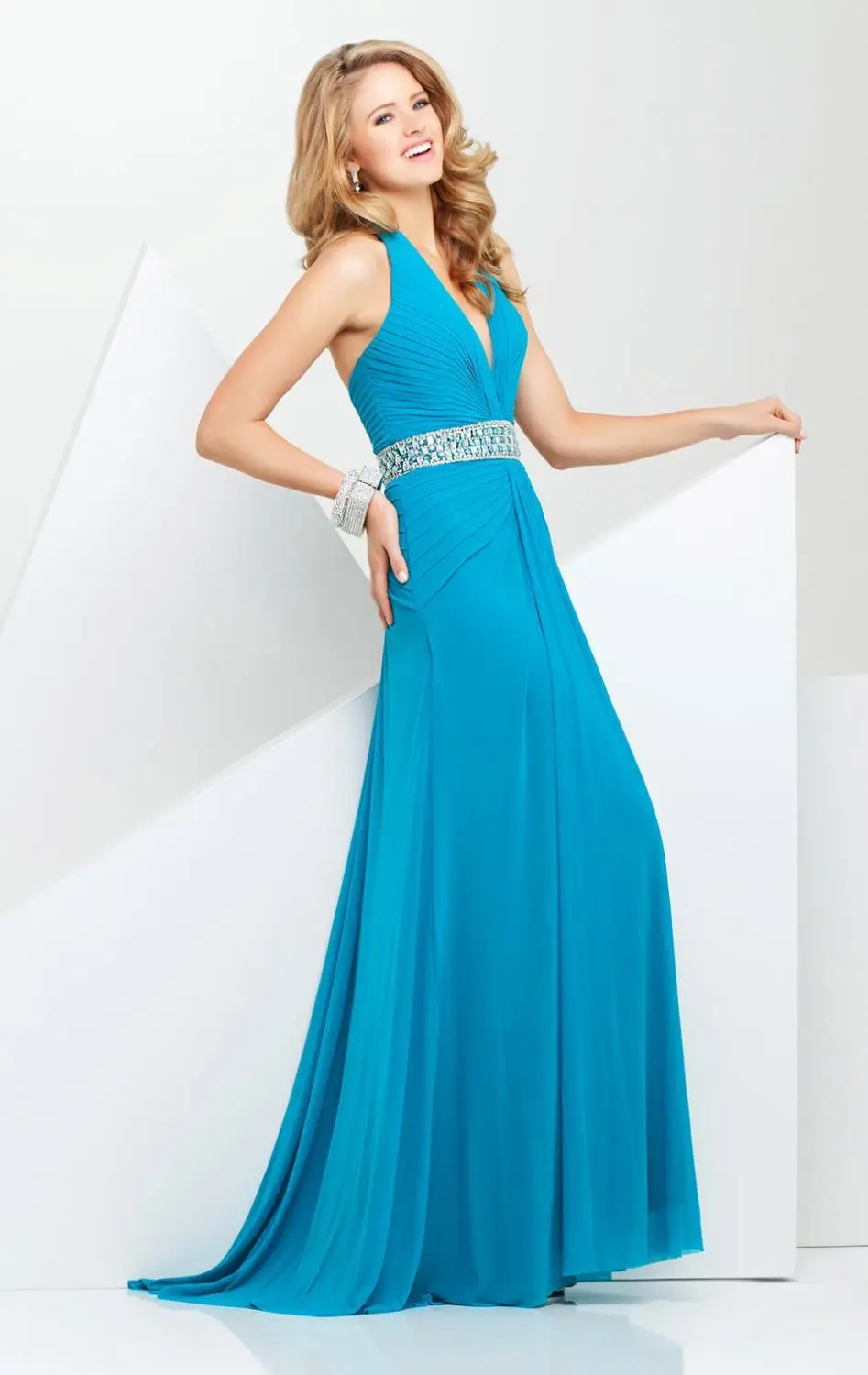 Wonderful A Line Deep V Neck Sleeveless Blue Chiffon Floor Length Pleated Beaded Belt Elegant Long Evening Dresses Gowns 2015 | Свадьбы и