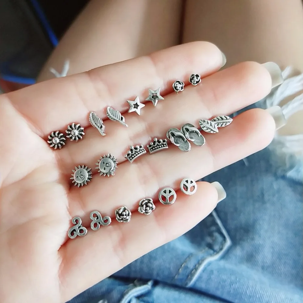 11 пар/компл. Boho Корона листья цветы звезды серебряные серьги-гвоздики Набор для Для женщин знак мира серьги Личность вечерние, ювелирное изделие, подарок