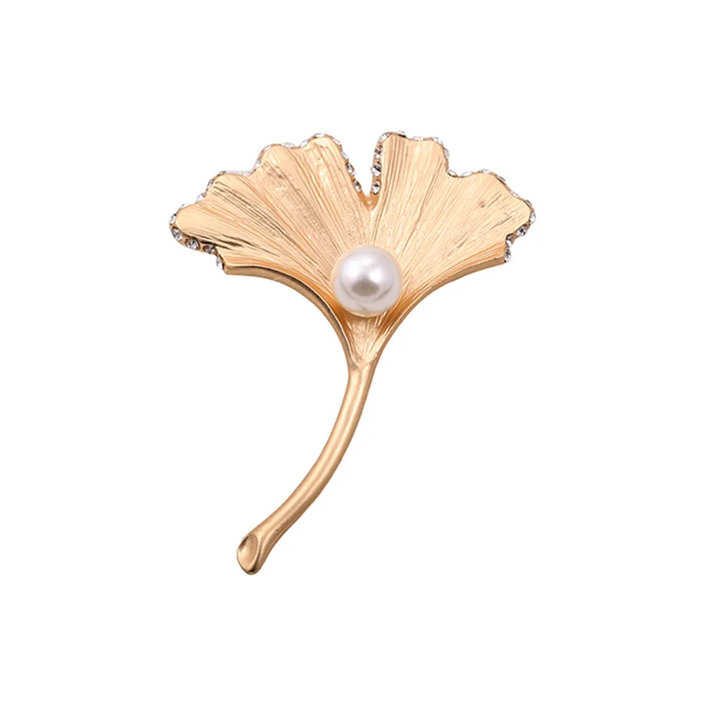 2020 new Japanese and Korean fashion matt gold inlaid semi-precious stones imitation pearl ginkgo delicate brooch | Украшения и