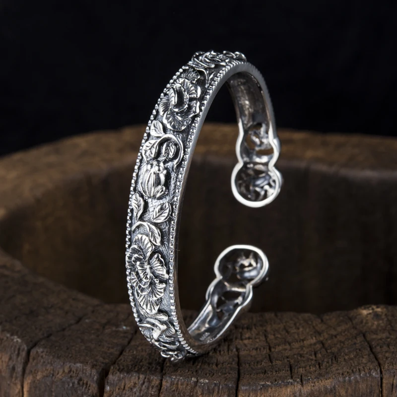 925 стерлингового серебра резной Пион цветок браслет Серебряный открытие Винтаж
