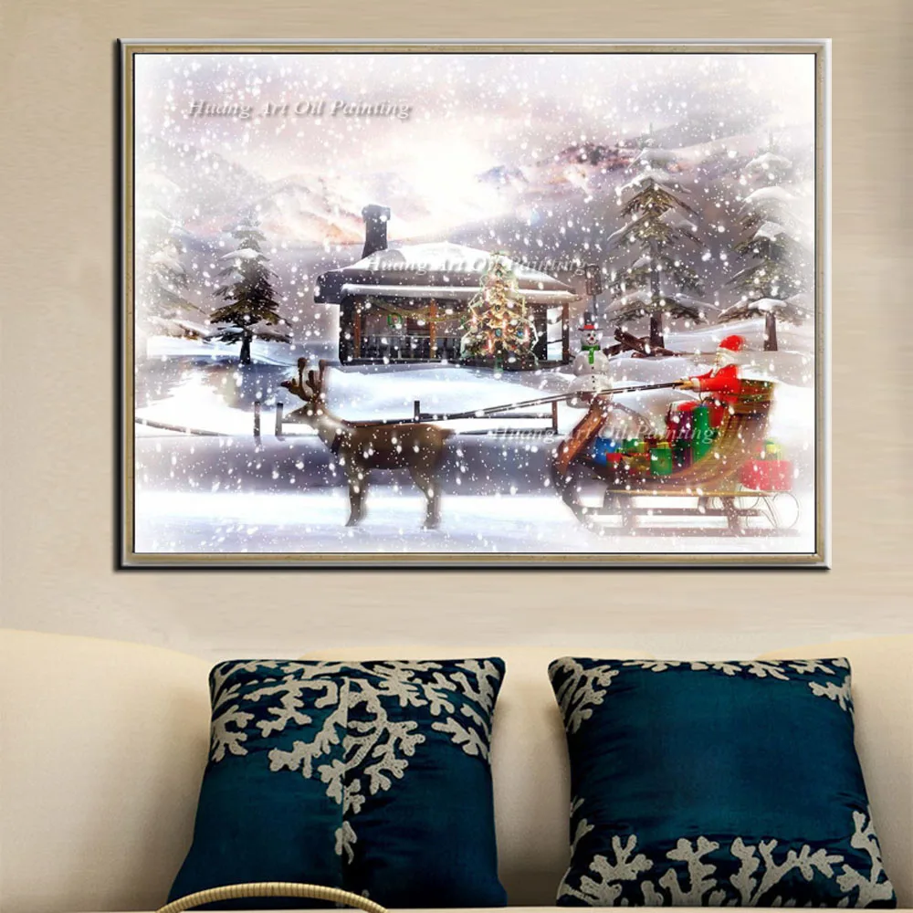 Ручная роспись Картина на холсте современный Санта-Клаус ездить оленях снежный
