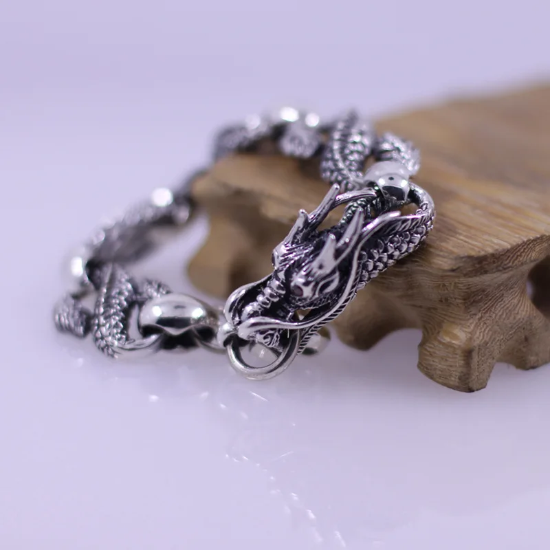 

New Limited Pure Silver Dragon Bracelet Band Fine Jewelry S925 Silver Chian Band Men Cool Chinses Dragon Hand Chain Bangle